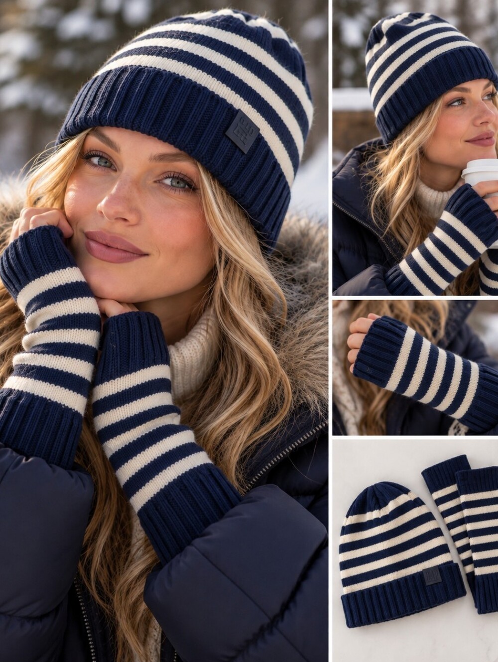 Gap Navy And Cream Hat And Arm Warmers Set